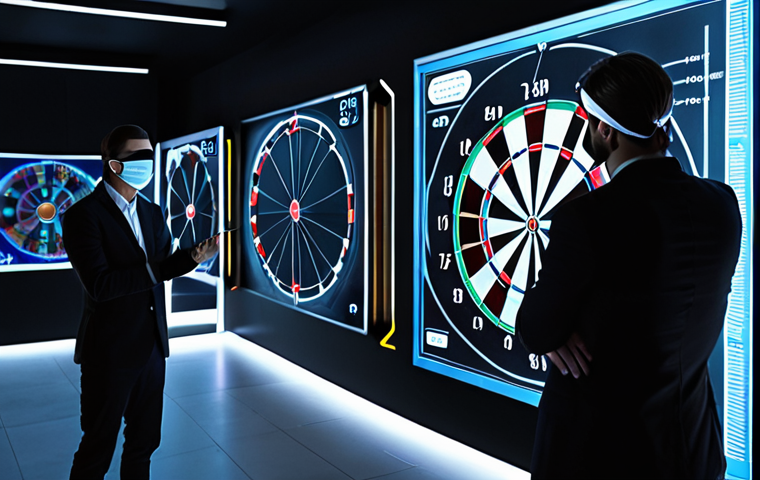 **From Intuition to Fact-Based Marketing:** A dramatic visual contrast: on the left, a frustrated, blindfolded marketer in a dimly lit, chaotic setting, throwing darts aimlessly at an unseen target. On the right, the same marketer, now clear-eyed and confident, stands in a well-lit, organized space, interacting with a glowing, precise digital dashboard displaying clear data visualizations and charts. The style should be professional and conceptual, emphasizing the transformation from uncertainty to clarity, with a clean, almost minimalist aesthetic.