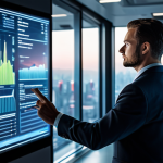 A professional male marketer, fully clothed in a modest business suit, intently analyzing a holographic display showing complex data visualizations in a futuristic, high-tech office. The background features blurred, glowing digital interfaces and a modern cityscape at dusk. This image captures the essence of data-driven insights and technological adoption in digital marketing. Perfect anatomy, correct proportions, natural pose, well-formed hands, proper finger count, natural body proportions. Appropriate attire, professional dress, safe for work, appropriate content, professional photography, high detail, sharp focus, cinematic lighting.