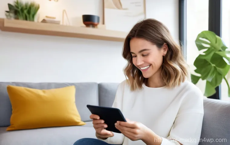 온라인 소비자 트렌드 분석 - A young Dutch woman (mid-20s) with a warm smile, comfortably seated in a modern, minimalist living r...