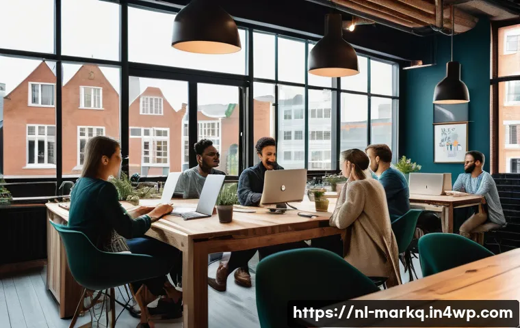 성공적인 블로그 운영의 기본 원칙 - A modern urban coworking space filled with diverse young professionals working on laptops and discus...