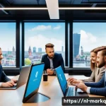 Home 21 크로스채널 마케팅 전략 기초 - A modern Dutch office environment showing a diverse marketing team collaborating on a crosschannel c...