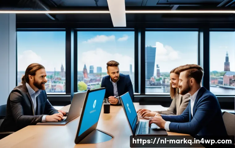 크로스채널 마케팅 전략 기초 - A modern Dutch office environment showing a diverse marketing team collaborating on a crosschannel c...