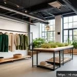 Home 18 지속 가능한 마케팅 전략 기초 - A modern Dutch sustainable clothing brand’s showroom interior featuring eco-friendly materials like ...