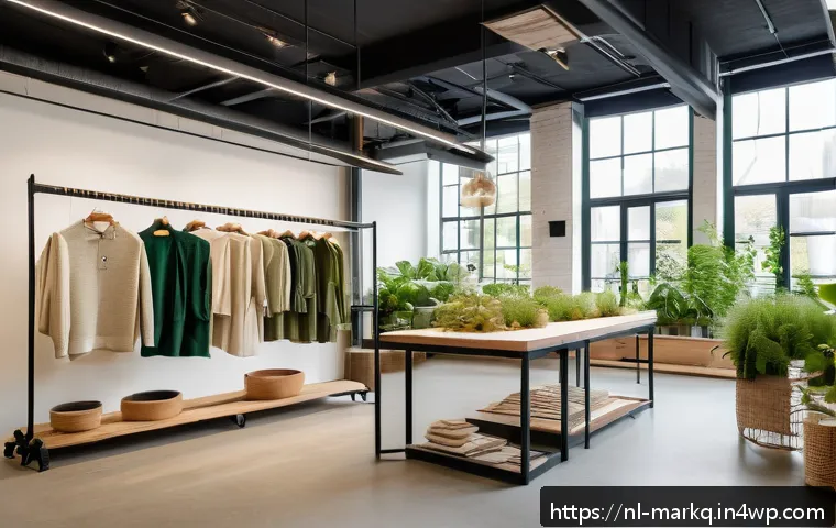 지속 가능한 마케팅 전략 기초 - A modern Dutch sustainable clothing brand’s showroom interior featuring eco-friendly materials like ...