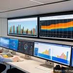 Home 23 디지털 마케팅 효과 분석 방법 - A modern digital marketing control room in Amsterdam with large transparent screens displaying color...