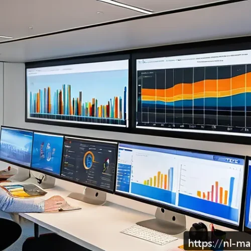 Home 17 디지털 마케팅 효과 분석 방법 - A modern digital marketing control room in Amsterdam with large transparent screens displaying color...