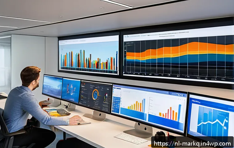 디지털 마케팅 효과 분석 방법 - A modern digital marketing control room in Amsterdam with large transparent screens displaying color...